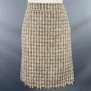 MOSCHINO Size 8 Brown Blue Cream Wool Woven Pencil Below Knee Scallop Hem Skirt